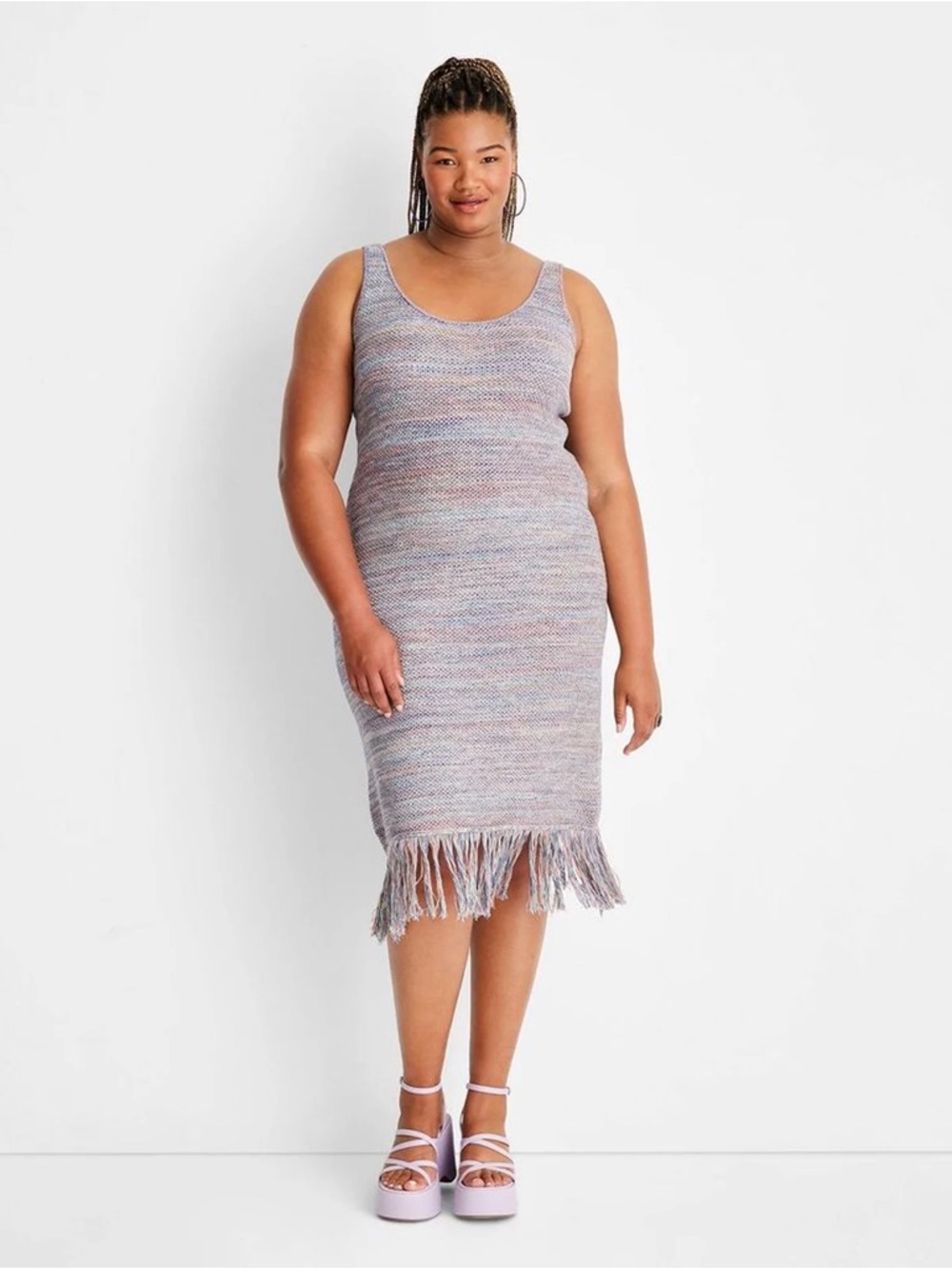 Sleeveless Knit Fringe Midi Dress in Heathered Pastel
